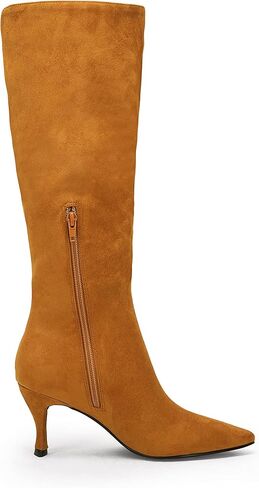 Coutgo Womens Knee High Boots Pointed Toe Kitten Heel Side Zipper Stretchy Vegan Suede Comfort Fall Winter Boot in Saudi Arabia