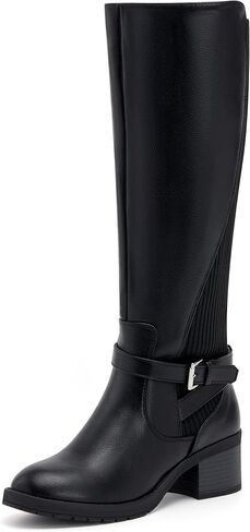 vodvob المرأة أحذية عالية الركبة كعب مكتنزة مريحة ركوب الخيل الأحذية الجانب سستة مع مشبك in Kuwait