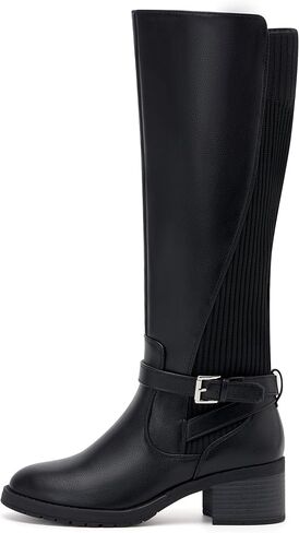 vodvob المرأة أحذية عالية الركبة كعب مكتنزة مريحة ركوب الخيل الأحذية الجانب سستة مع مشبك in Kuwait