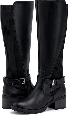vodvob المرأة أحذية عالية الركبة كعب مكتنزة مريحة ركوب الخيل الأحذية الجانب سستة مع مشبك in Kuwait