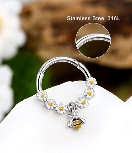 Melighting Bee Septum Rings 16G مجوهرات الحاجز المتدلي من الفولاذ المقاوم للصدأ 316L زهرة الحاجز الدائري لطيف Daith أقراط اللولب القرط الغضروف الزنمة ثقب للنساء in Kuwait