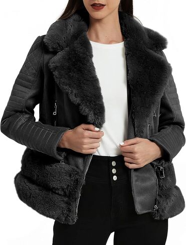 XULIKU Women's Faux Fur Collar Suede Leather Jacket with Detachable Belt Short Zip Up Warm Coat For Women Winter Outwear in Kuwait