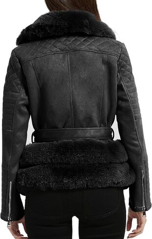 XULIKU Women's Faux Fur Collar Suede Leather Jacket with Detachable Belt Short Zip Up Warm Coat For Women Winter Outwear in Kuwait