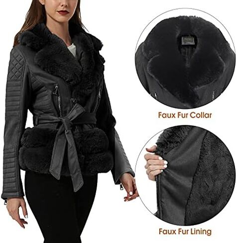 XULIKU Women's Faux Fur Collar Suede Leather Jacket with Detachable Belt Short Zip Up Warm Coat For Women Winter Outwear in Kuwait