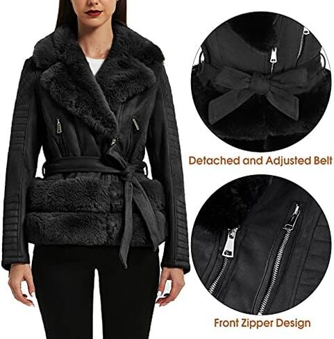 XULIKU Women's Faux Fur Collar Suede Leather Jacket with Detachable Belt Short Zip Up Warm Coat For Women Winter Outwear in Kuwait