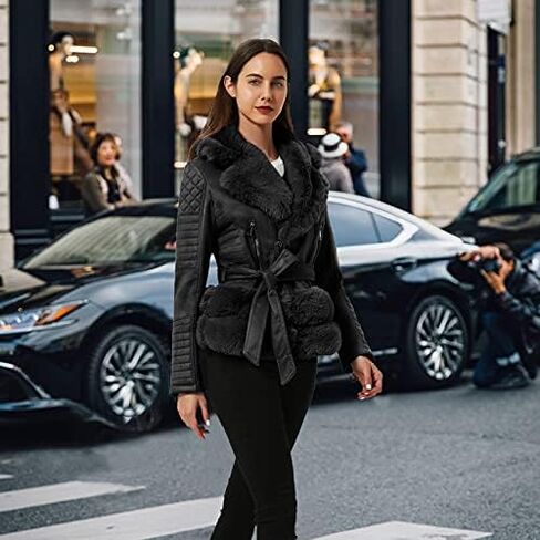 XULIKU Women's Faux Fur Collar Suede Leather Jacket with Detachable Belt Short Zip Up Warm Coat For Women Winter Outwear in Kuwait