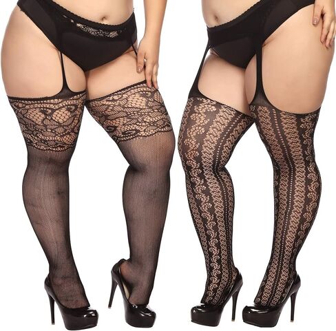TGD إمرأة حجم كبير جوارب شبكية الجوارب الحمالات جوارب طويلة الفخذ عالية الجورب الأسود 2 أزواج in Kuwait