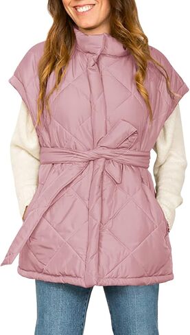Jeanewpole1 Women's Padded Puffy Vest Stand Collar Sleeveless Zip Gilet with Belt in Saudi Arabia