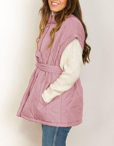 Jeanewpole1 Women's Padded Puffy Vest Stand Collar Sleeveless Zip Gilet with Belt in Saudi Arabia