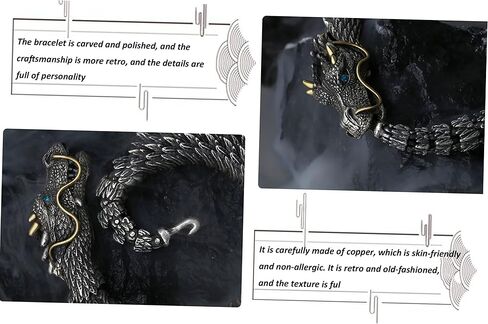 STRONS WEDDLE Vintage Men's Bracelet Dragon Bracelet, Punk Dragon Bracelet Metal Bracelet, Hip Hop Men's Bracelet (men's bracelet, copper, 7.87in, silver) in Saudi Arabia