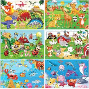 Wooden Jigsaw Puzzles for Kids Ages 3-5 Year Old, 6 Pack 30 Pieces Colorful Preschool Educational Learning Toys Gift Set for Toddler Children Boys and Girls