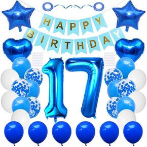 11 Birthday Party Supplies Blue Number 11 Foil Balloon Happy Birthday Banner Kit 11th Birthday Decoration White Blue Latex Confetti Balloon Foil Star Balloon Great Gift for Girls Boys Birthday
