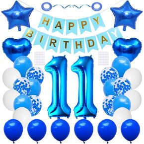 11 Birthday Party Supplies Blue Number 11 Foil Balloon Happy Birthday Banner Kit 11th Birthday Decoration White Blue Latex Confetti Balloon Foil Star Balloon Great Gift for Girls Boys Birthday