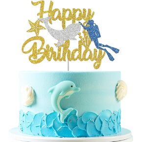 Diver Cake Topper, Happy Birthday Underwater Adventure Cake Decoration, Diving Theme Cake Picks, Scuba Diving Party Supplies - Blue & Sliver & Gold Glitter