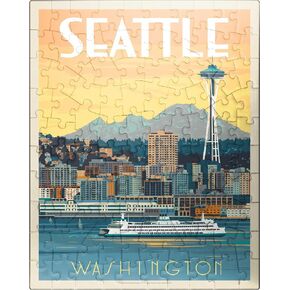 MyPuzzle Seattle, WA: Ferry, Vintage Poster - Premium 1000 Piece Jigsaw Puzzle for Adults