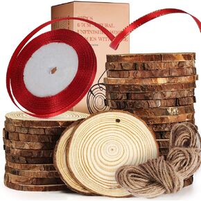 TJ.MOREE Wood Slices for Craft 30 Pcs 2.4-2.8 Inches, 25 Yard Christmas Ribbon,Great DIY Gift for Children Arts and Artistic Creation, 10yard Jute Rope, Wedding Centerpiece Decor,Christmas Ornaments in Kuwait