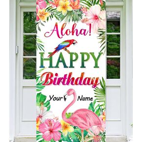 Hawaiian Birthday Banner Luau Tropical Birthday Party Decorations, Aloha Happy Birthday Door Cover Personalized Flamingo Birthday Backdrop for Hawaiian Themed Birthday Party Supplies with A Gift Pen in Kuwait