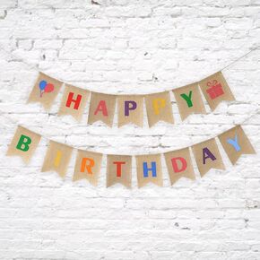 HUIHUANG Happy Birthday Burlap Banner - Colorful Pastel Bunting Banner Garland Flags for Rustic Birthday Party Decorations