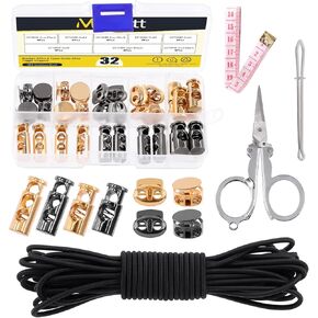Mardatt 45Pcs Metal Cord Locks End Assortment Set Including 4 Styles Single/Double Hole Spring Cord Toggles Stoppers, Bungee Cord, Threader, Tape Measure and Scissors for Shoelaces (Gold, Gun-Black) in Kuwait