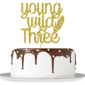 Gold Glitter Young Wild & Three Cake Topper - Children's 3rd Birthday - Three Theme Birthday Anniversary Party Decoration in Kuwait