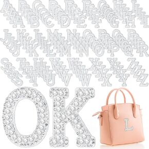 130 قطعة من رقع حجر الراين واللؤلؤ على الكي من جليتينسيل، رقع حروف لامعة مزينة باللؤلؤ مزينة بالكي على الحروف الابجدية الانجليزية من A-Z لاصلاح الحرف اليدوية in Kuwait