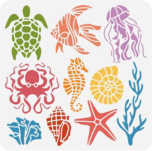 BENECREAT Ocean Theme Stencil, 11.7x8.3inch Seaweed Sea Fish Plastic Drawing Painting Stencils Templates for Summer Painting on Scrapbook Fabric Tiles Floor Furniture Wood in Saudi Arabia
