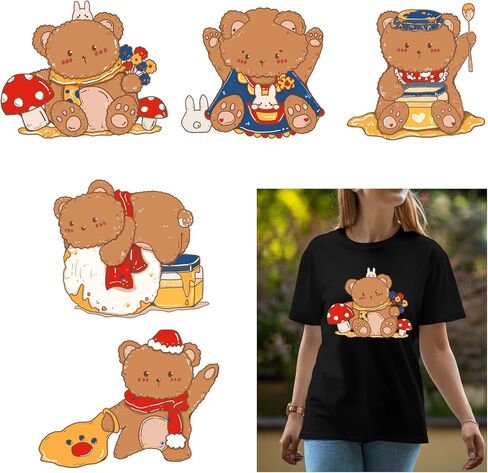 Cute Bear Iron on Decals for Clothing Fabric,Heat Transfer Stickers Vinyl Patches for DIY Couple Clothing T-Shirt Sportswear Hats Gloves Scarves Backpack Canvas Bags Tablecloths Pillow in Kuwait