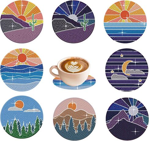 GLOYER 8 Pcs Diamond Painting Coasters,Sun Moon Iandscape Diamond Painting Kits Accessories for Beginners Adults and Kids for Home Decoration Gifts in Kuwait