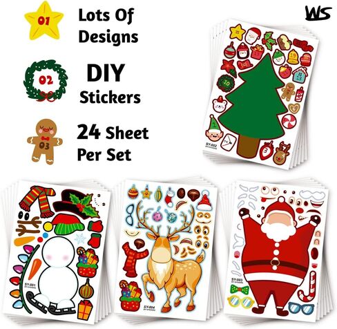 24 ورقة من ملصقات ألعاب حفلات عيد الميلاد، اصنع وجه رجل الثلج الخاص بك على شكل حيوان الرنة ملصقات شخصيات عيد الميلاد، مزيج وتطابق أوراق الملصقات أنشطة عيد الميلاد للأطفال الأولاد والبنات in Kuwait