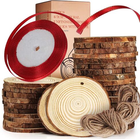 TJ.MOREE Wood Slices for Craft 30 Pcs 2.4-2.8 Inches, 25 Yard Christmas Ribbon,Great DIY Gift for Children Arts and Artistic Creation, 10yard Jute Rope, Wedding Centerpiece Decor,Christmas Ornaments in Kuwait