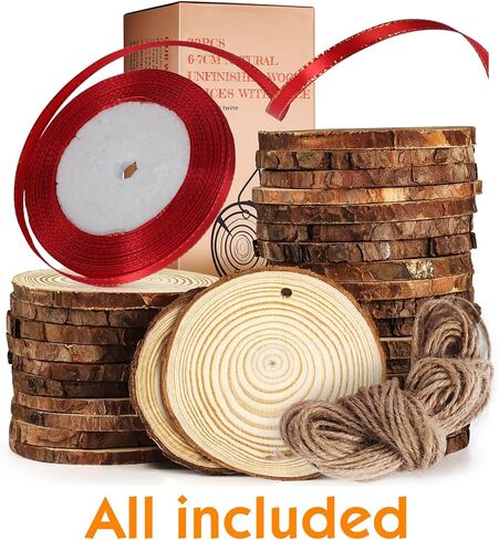 TJ.MOREE Wood Slices for Craft 30 Pcs 2.4-2.8 Inches, 25 Yard Christmas Ribbon,Great DIY Gift for Children Arts and Artistic Creation, 10yard Jute Rope, Wedding Centerpiece Decor,Christmas Ornaments in Kuwait