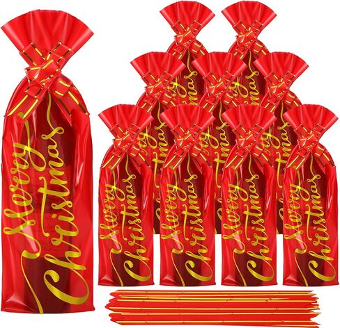 Teling 100 Pcs Christmas Wine Bottle Gift Bags Cellophane Bag Red Merry Christmas Wine Bag Cover Including 50 Pcs Wine Wrapping Bags and 50 Pcs Pull Bows for Christmas Holiday Party in Saudi Arabia