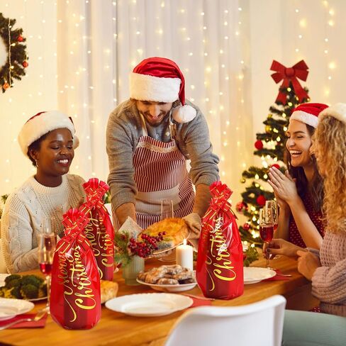 Teling 100 Pcs Christmas Wine Bottle Gift Bags Cellophane Bag Red Merry Christmas Wine Bag Cover Including 50 Pcs Wine Wrapping Bags and 50 Pcs Pull Bows for Christmas Holiday Party in Saudi Arabia