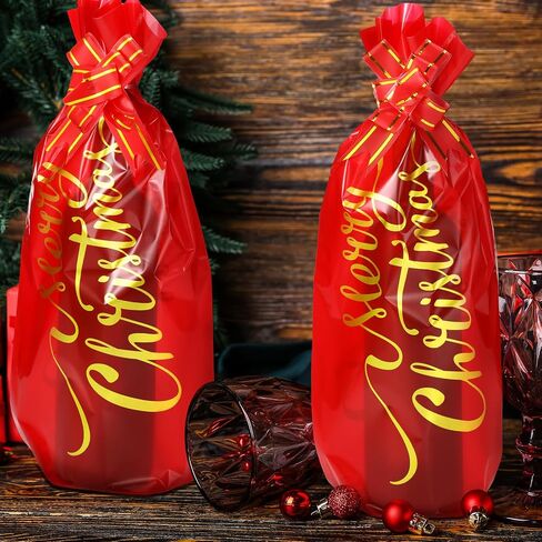 Teling 100 Pcs Christmas Wine Bottle Gift Bags Cellophane Bag Red Merry Christmas Wine Bag Cover Including 50 Pcs Wine Wrapping Bags and 50 Pcs Pull Bows for Christmas Holiday Party in Saudi Arabia
