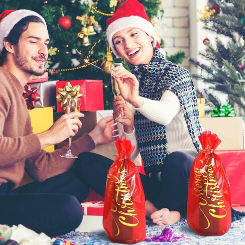 Teling 100 Pcs Christmas Wine Bottle Gift Bags Cellophane Bag Red Merry Christmas Wine Bag Cover Including 50 Pcs Wine Wrapping Bags and 50 Pcs Pull Bows for Christmas Holiday Party in Saudi Arabia