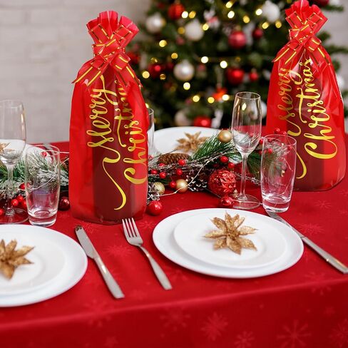 Teling 100 Pcs Christmas Wine Bottle Gift Bags Cellophane Bag Red Merry Christmas Wine Bag Cover Including 50 Pcs Wine Wrapping Bags and 50 Pcs Pull Bows for Christmas Holiday Party in Saudi Arabia