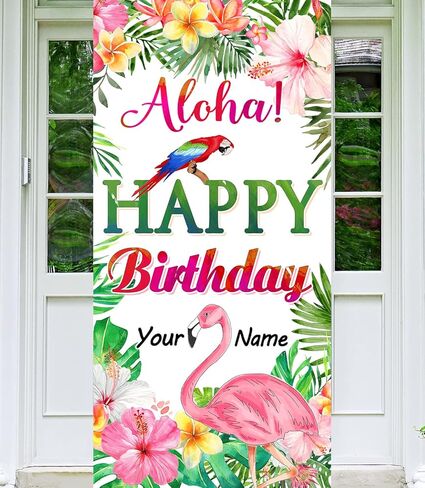 Hawaiian Birthday Banner Luau Tropical Birthday Party Decorations, Aloha Happy Birthday Door Cover Personalized Flamingo Birthday Backdrop for Hawaiian Themed Birthday Party Supplies with A Gift Pen in Kuwait