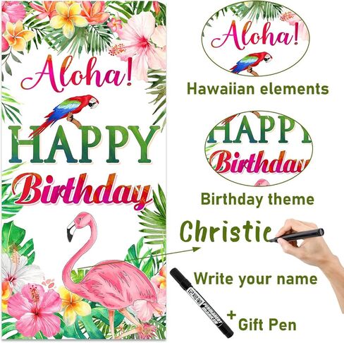 Hawaiian Birthday Banner Luau Tropical Birthday Party Decorations, Aloha Happy Birthday Door Cover Personalized Flamingo Birthday Backdrop for Hawaiian Themed Birthday Party Supplies with A Gift Pen in Kuwait