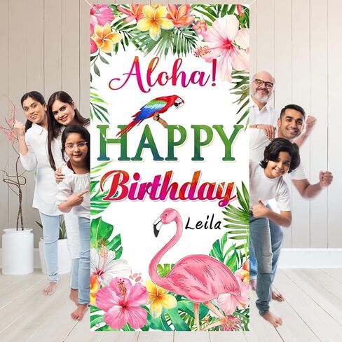 Hawaiian Birthday Banner Luau Tropical Birthday Party Decorations, Aloha Happy Birthday Door Cover Personalized Flamingo Birthday Backdrop for Hawaiian Themed Birthday Party Supplies with A Gift Pen in Kuwait
