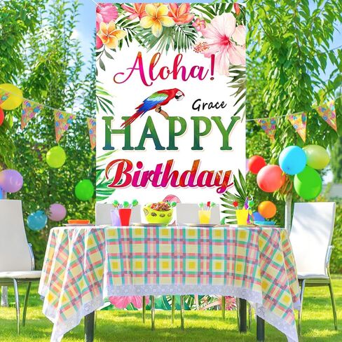 Hawaiian Birthday Banner Luau Tropical Birthday Party Decorations, Aloha Happy Birthday Door Cover Personalized Flamingo Birthday Backdrop for Hawaiian Themed Birthday Party Supplies with A Gift Pen in Kuwait
