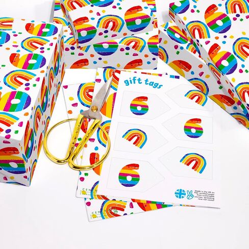 CENTRAL 23 Girl Birthday Wrapping Paper - 6 Sheets of Gift Wrap - Rainbow - 6th Birthday Gift Wrap for Boys - White - Age 6 Six - Comes with Fun Stickers in Saudi Arabia