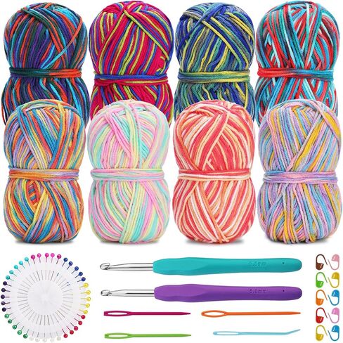 بوبيتي مجموعة خيوط كروشيه من قطن الحليب، مجموعة خيوط كروشيه بالوان مختلطة من 8 قطع، خيوط ناعمة للكروشيه، مجموعة حياكة من قطن الكروشيه، مع ابر غزل وعلامات خياطة وابرة لتحديد موضع الالوان in Kuwait