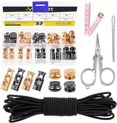 Mardatt 45Pcs Metal Cord Locks End Assortment Set Including 4 Styles Single/Double Hole Spring Cord Toggles Stoppers, Bungee Cord, Threader, Tape Measure and Scissors for Shoelaces (Gold, Gun-Black) in Saudi Arabia