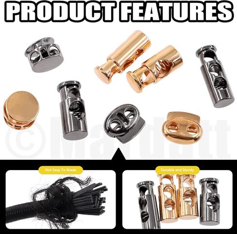 Mardatt 45Pcs Metal Cord Locks End Assortment Set Including 4 Styles Single/Double Hole Spring Cord Toggles Stoppers, Bungee Cord, Threader, Tape Measure and Scissors for Shoelaces (Gold, Gun-Black) in Saudi Arabia