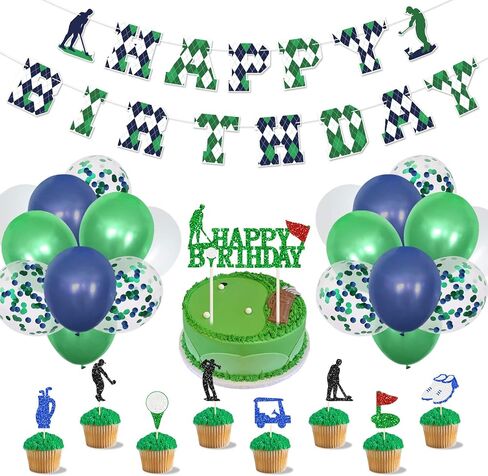 مجموعات تزيين لوازم حفلات أعياد الميلاد من الجولف، لافتة عيد ميلاد سعيد للعب الجولف باللون الأخضر، أعلى الكعكة وأغطية الكب كيك بطابع الجولف، بالونات بيضاء وأخضر وأزرق داكن وترتر لعشاق الرياضة في الهواء الطلق، وحفلة ذات طابع خاص للاعبي الجولف المتحولين الر in Kuwait