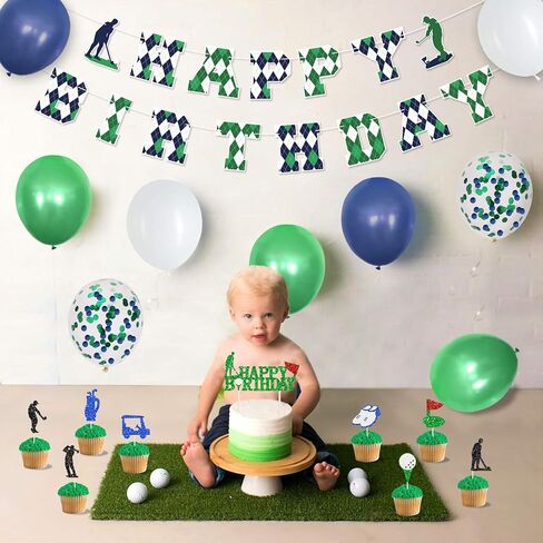 مجموعات تزيين لوازم حفلات أعياد الميلاد من الجولف، لافتة عيد ميلاد سعيد للعب الجولف باللون الأخضر، أعلى الكعكة وأغطية الكب كيك بطابع الجولف، بالونات بيضاء وأخضر وأزرق داكن وترتر لعشاق الرياضة في الهواء الطلق، وحفلة ذات طابع خاص للاعبي الجولف المتحولين الر in Kuwait