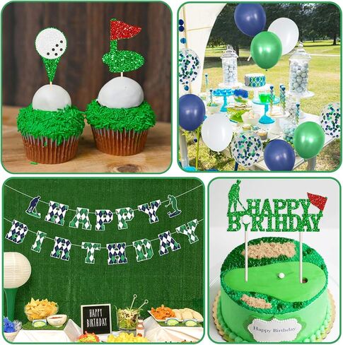 مجموعات تزيين لوازم حفلات أعياد الميلاد من الجولف، لافتة عيد ميلاد سعيد للعب الجولف باللون الأخضر، أعلى الكعكة وأغطية الكب كيك بطابع الجولف، بالونات بيضاء وأخضر وأزرق داكن وترتر لعشاق الرياضة في الهواء الطلق، وحفلة ذات طابع خاص للاعبي الجولف المتحولين الر in Kuwait