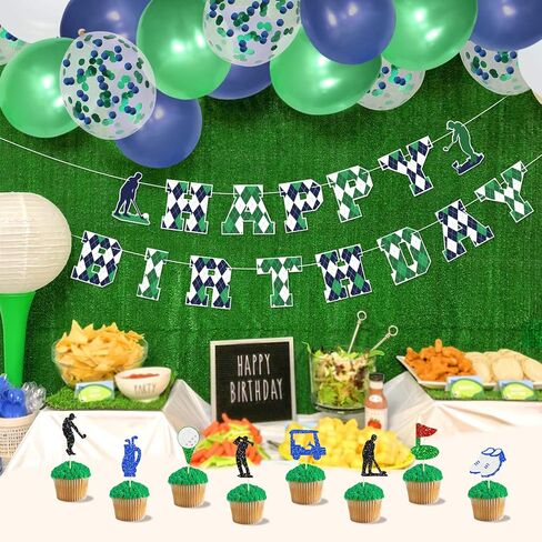 مجموعات تزيين لوازم حفلات أعياد الميلاد من الجولف، لافتة عيد ميلاد سعيد للعب الجولف باللون الأخضر، أعلى الكعكة وأغطية الكب كيك بطابع الجولف، بالونات بيضاء وأخضر وأزرق داكن وترتر لعشاق الرياضة في الهواء الطلق، وحفلة ذات طابع خاص للاعبي الجولف المتحولين الر in Kuwait