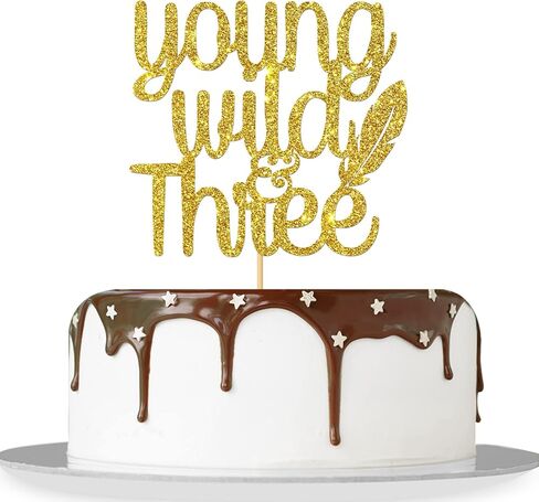 Gold Glitter Young Wild & Three Cake Topper - Children's 3rd Birthday - Three Theme Birthday Anniversary Party Decoration in Kuwait