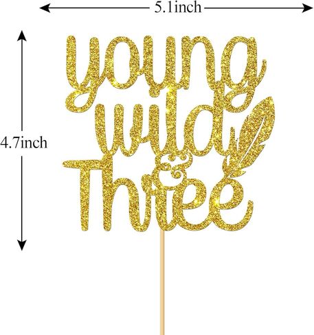 Gold Glitter Young Wild & Three Cake Topper - Children's 3rd Birthday - Three Theme Birthday Anniversary Party Decoration in Kuwait